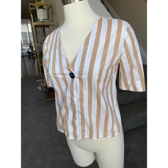 Mango white/tan striped button down short sleeve shirt, size XS - Picture 3 of 12